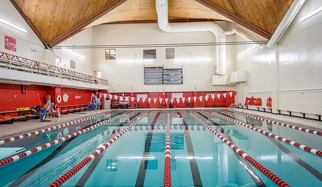 The Clark University pool, empty, early morning.