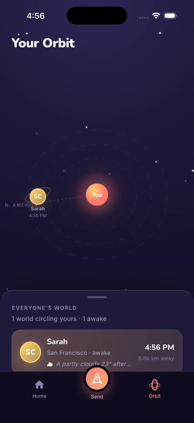 The Orbit app's orbit view: a friend's world circling mine, with their local time and how far away they are.